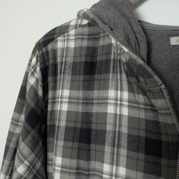 Carbon2cobalt Women's Sz L Grey Plaid Hooded Cotton Flannel Shirt Dress Roll Tab - Picture 3 of 7